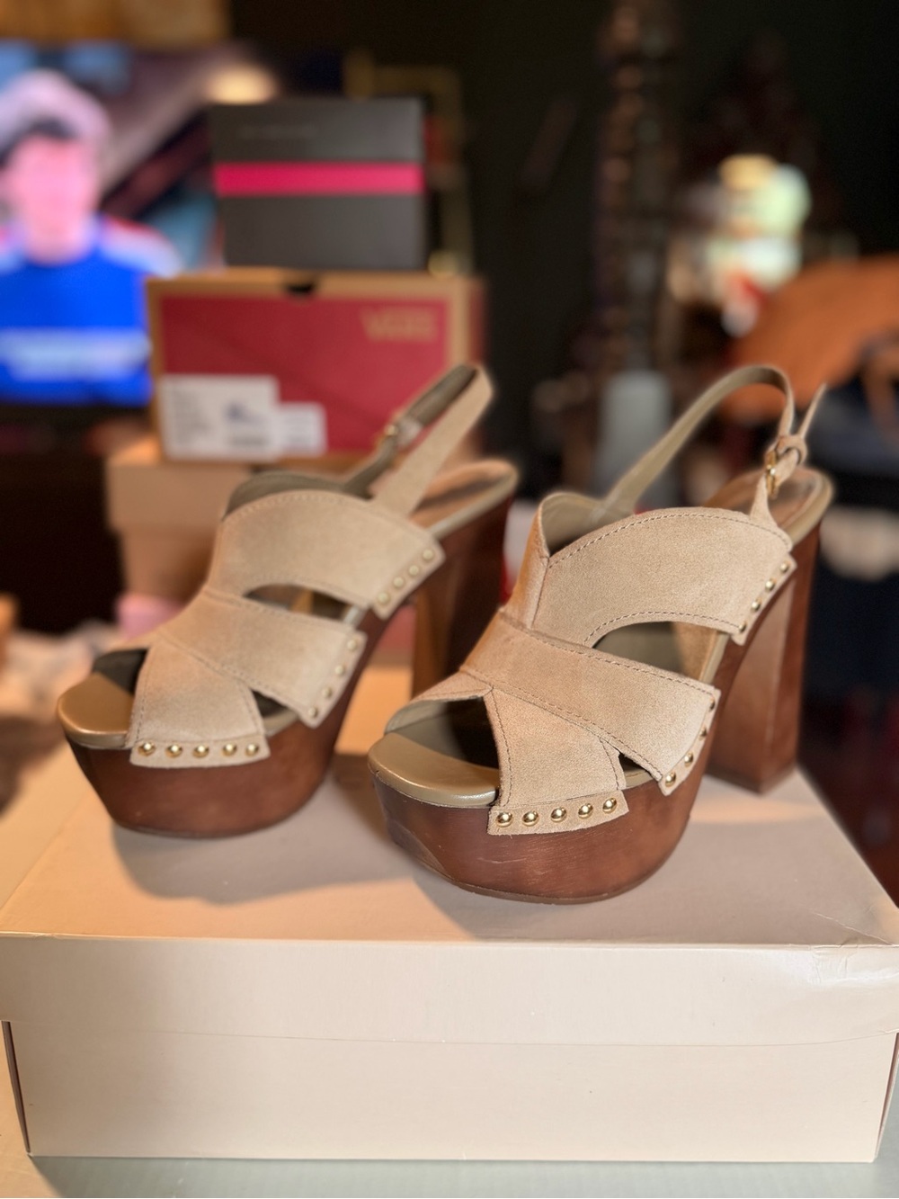 BCBGeneration Beige Suede Platform Slingback Heels with Studs